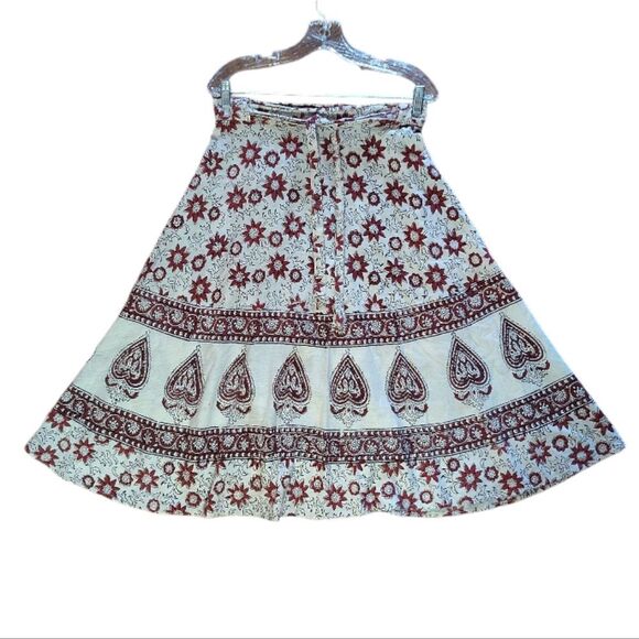VTG India Cotton Off White Red Floral Block Print Midi Wrap Skirt *XS- Med - Picture 10 of 16